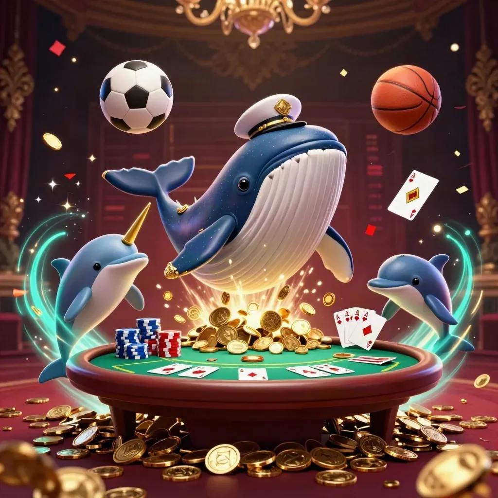 Whale captain, narwhal and dolphins in casino gold amid chips, cards, coins and flying sports balls