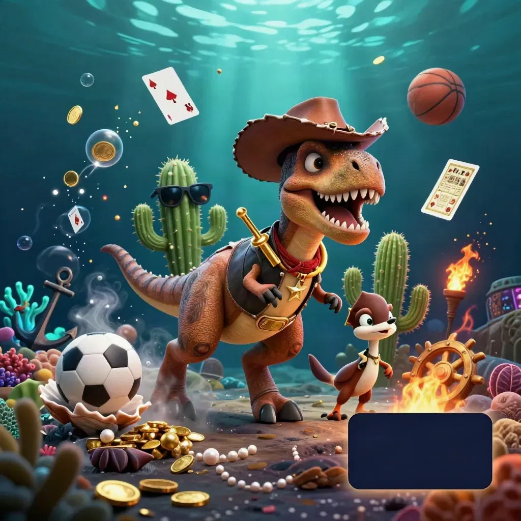 Cowboy T-Rex, cactus sidekick, and roadrunner race through a glowing underwater treasure cove.