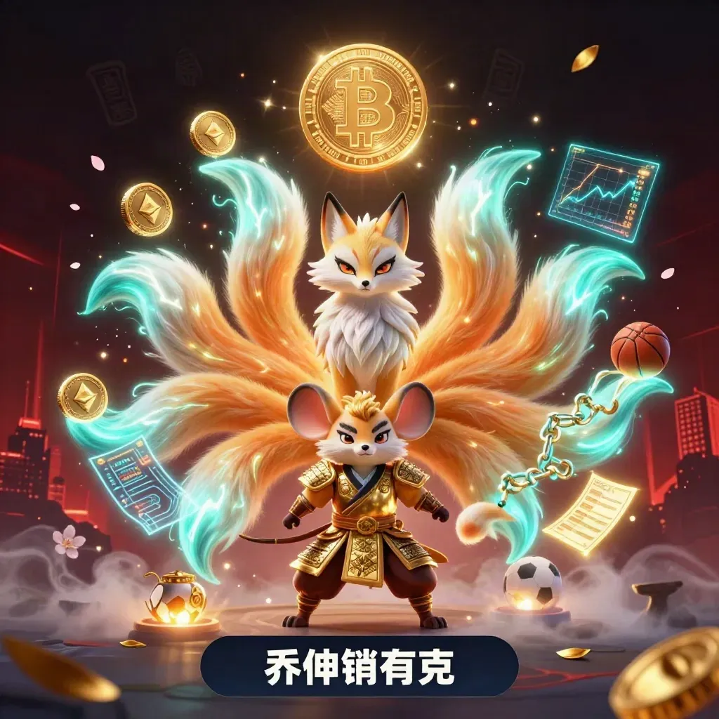 Neon fox spirit and armored mouse with casino symbols, glowing city backdrop, premium game art
