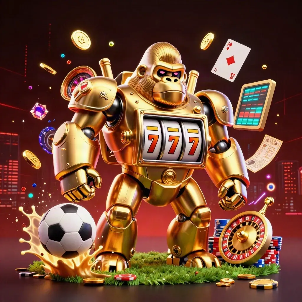 Gold gorilla mech and monkey pilot amid flying basketball, coins, cards, and casino sparks