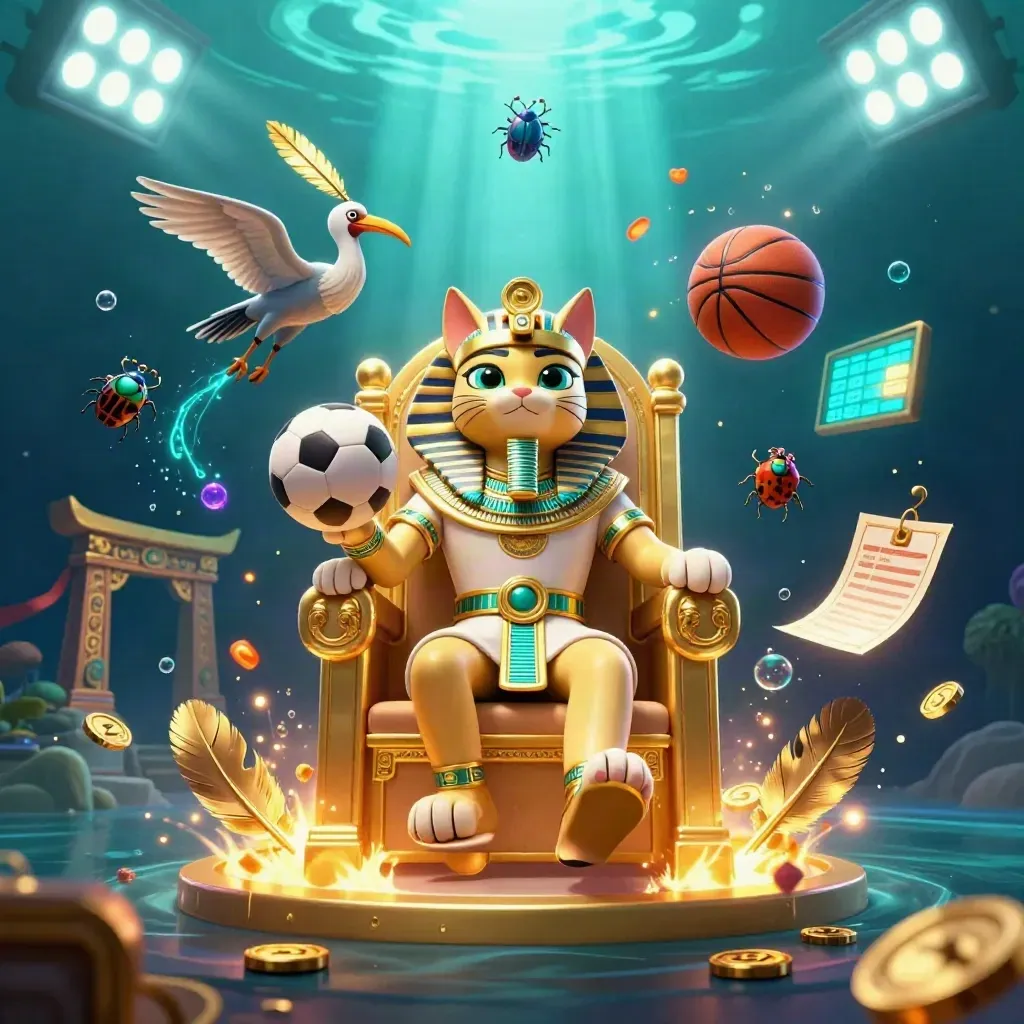 Pharaoh cat, ibis scribe, and scarabs amid flying sports gear in a glowing underwater arena.