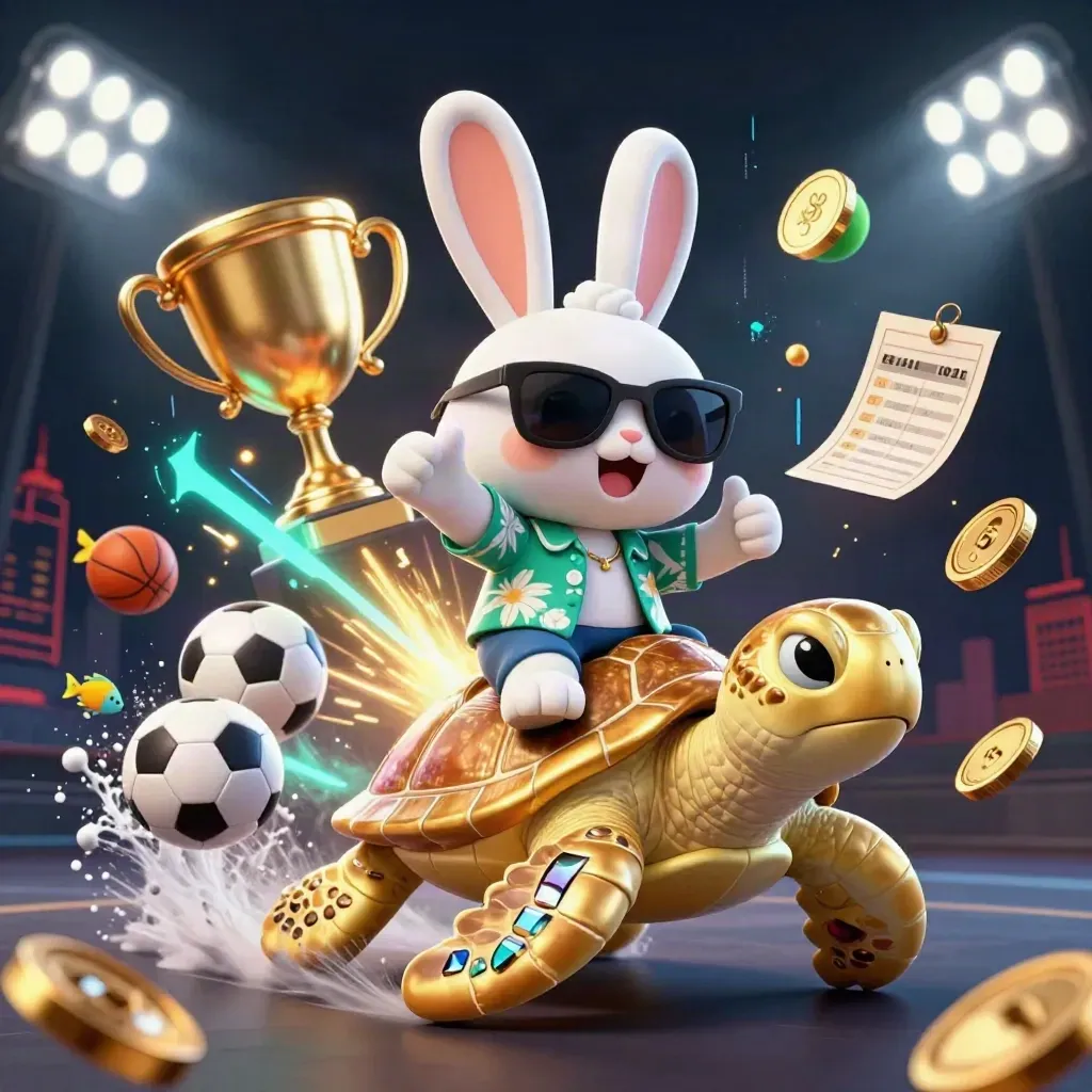 Rabbit on a jeweled turtle with flying balls, coins, floodlights and neon casino glow.
