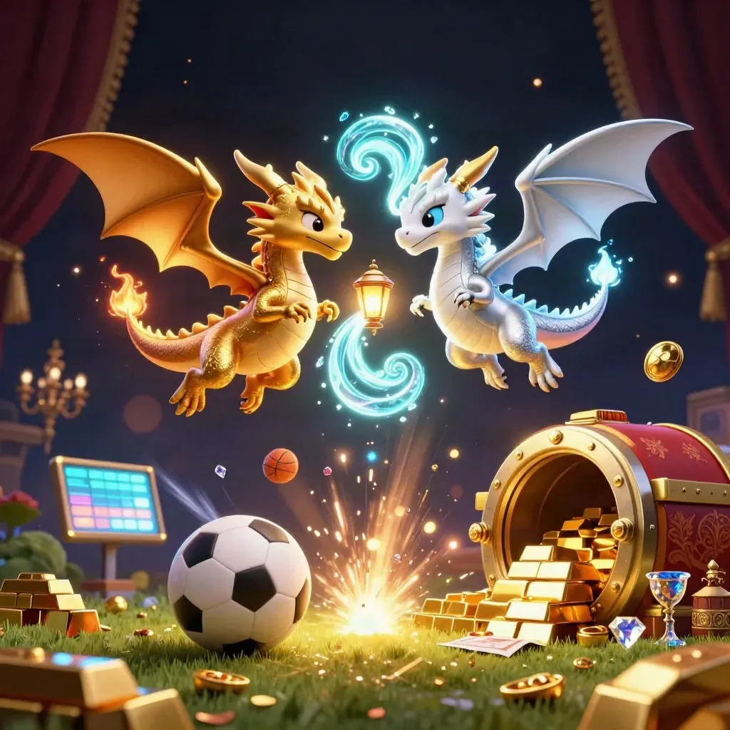 Gold and silver dragons spiral over a vault burst with balls, jewels, and casino glow.