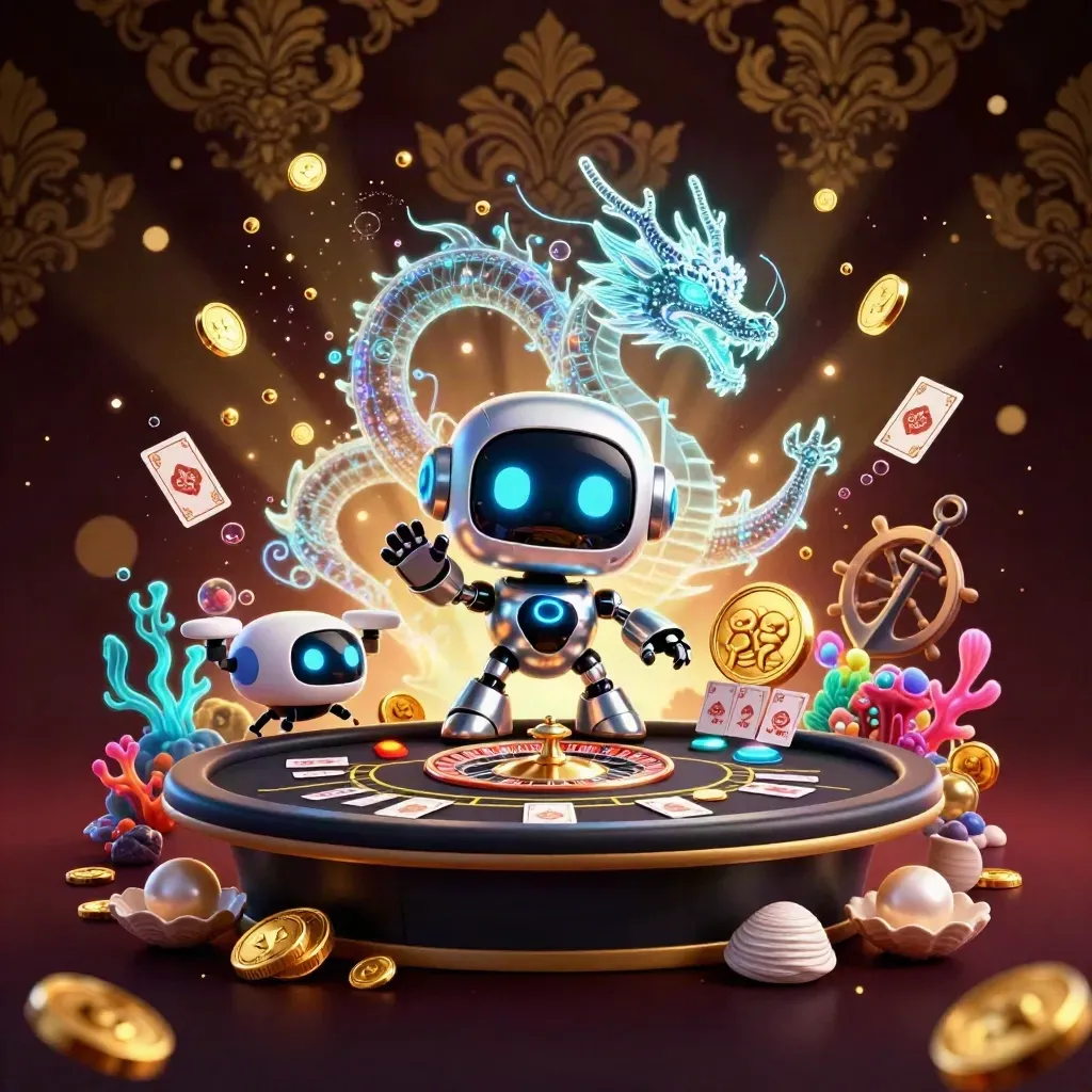 Robot, holographic dragon and drone in a luxe casino cove with gold coins, coral and roulette glow.