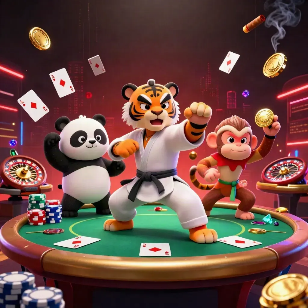 Kung-fu tiger, panda, and monkey casino heroes amid chips, cards, and neon light