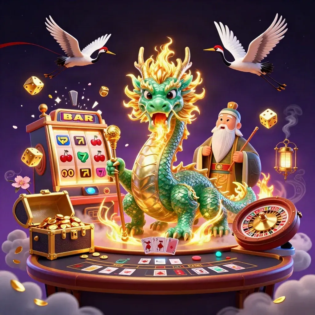 Emerald dragon, turtle sage and cranes amid jackpot magic, dice, gold and neon casino glow.