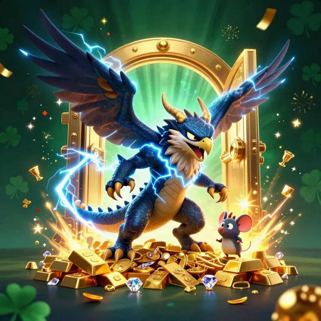 Thunder dragon, winged hawk, and static mouse burst from a golden vault amid casino treasure.