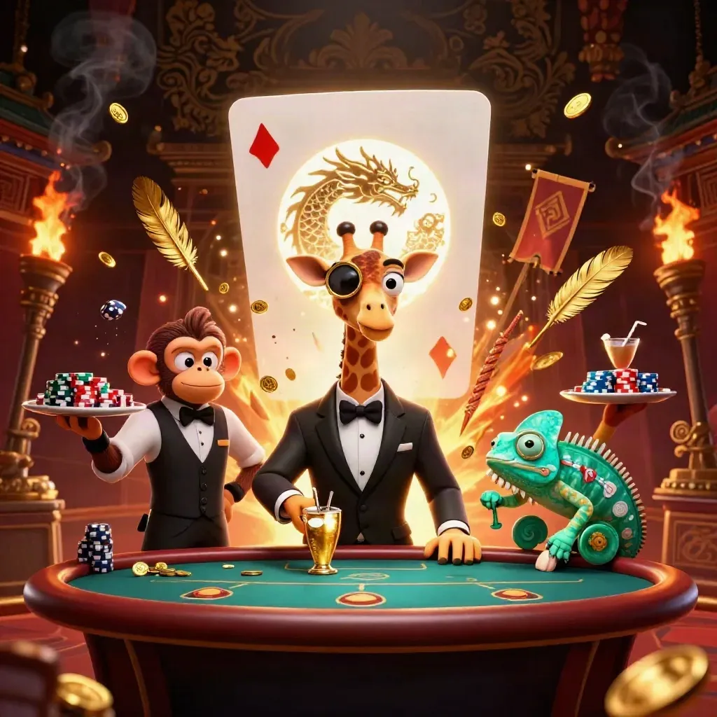 Giraffe gambler, monkey valet, and chameleon bartender amid gold coins, fire, and a temple gate