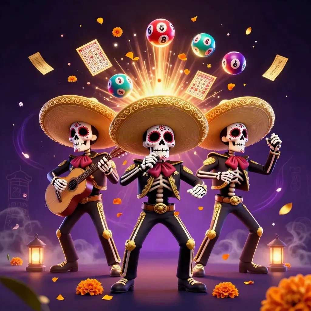 Day-of-the-Dead skeleton mariachi trio with casino bursts, petals, and glowing purple night sky