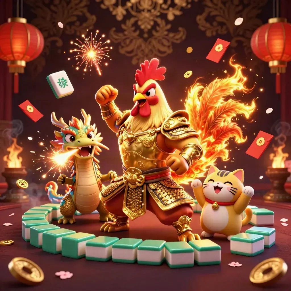 Rooster warrior, dragon hatchling, and fortune cat amid casino treasure burst.