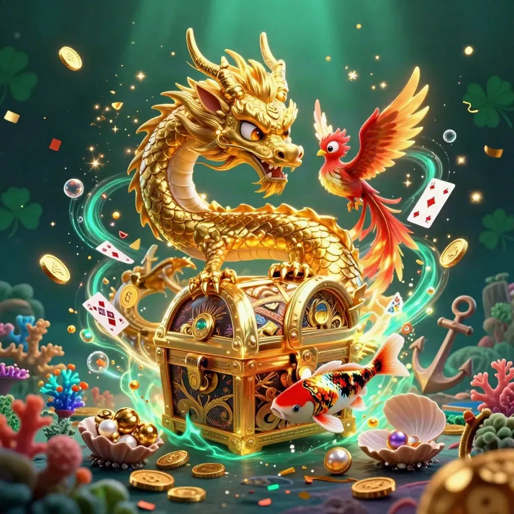 Golden dragon with phoenix and koi amid treasure coins, coral, shells, and casino sparkle.