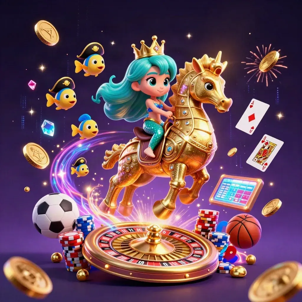 Mermaid princess on armored seahorse amid coins, chips, roulette, cards, and fireworks in neon casino style