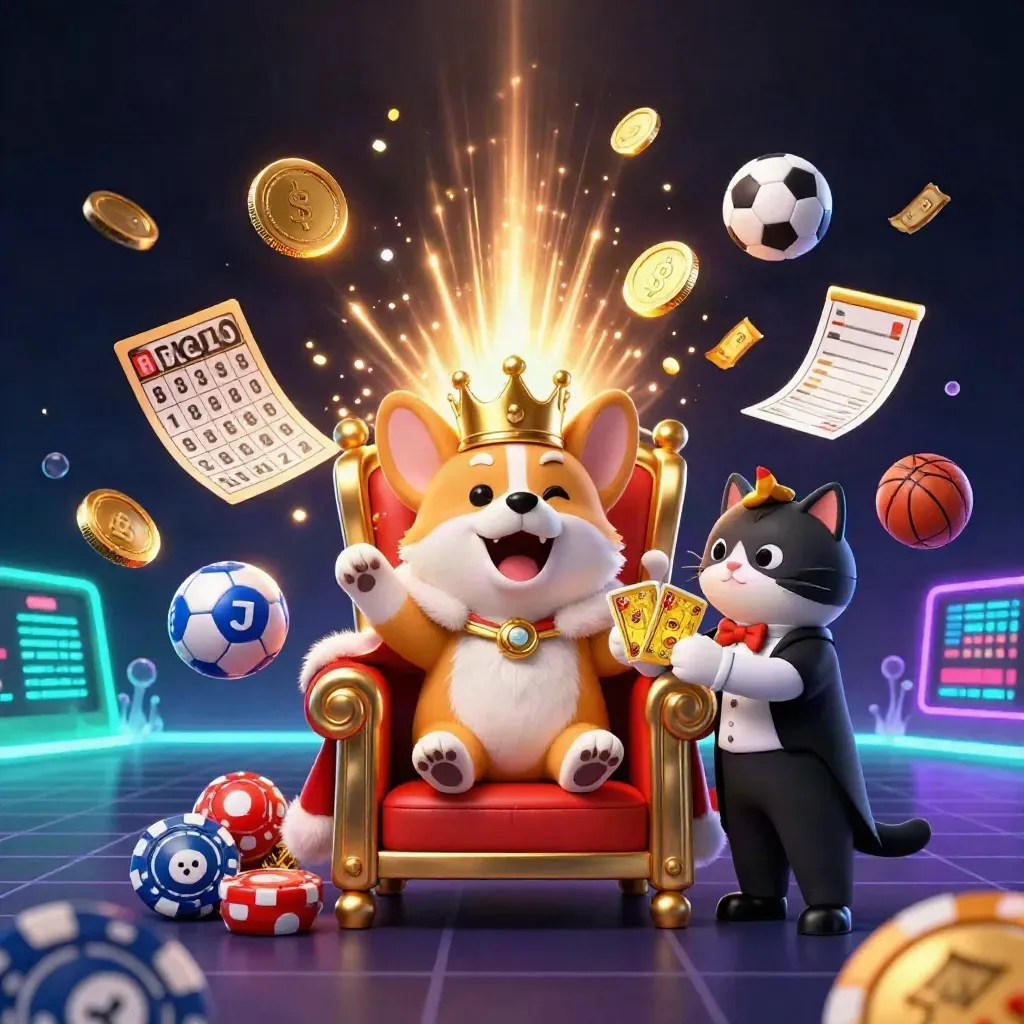 Royal corgi and cat butler amid coins, fireworks, lottery balls and casino glow.
