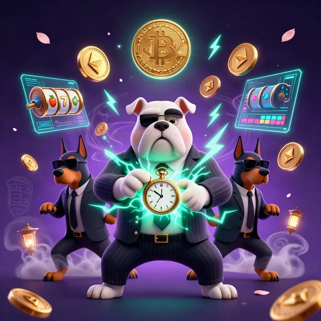 Mafia-boss bulldog and two Dobermans blast teal casino energy amid coins, reels, and runes.