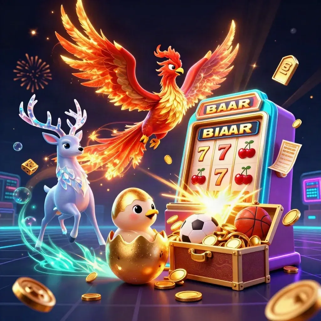 Phoenix, baby phoenix, and crystal stag burst from a slot machine with gold coins and casino icons.