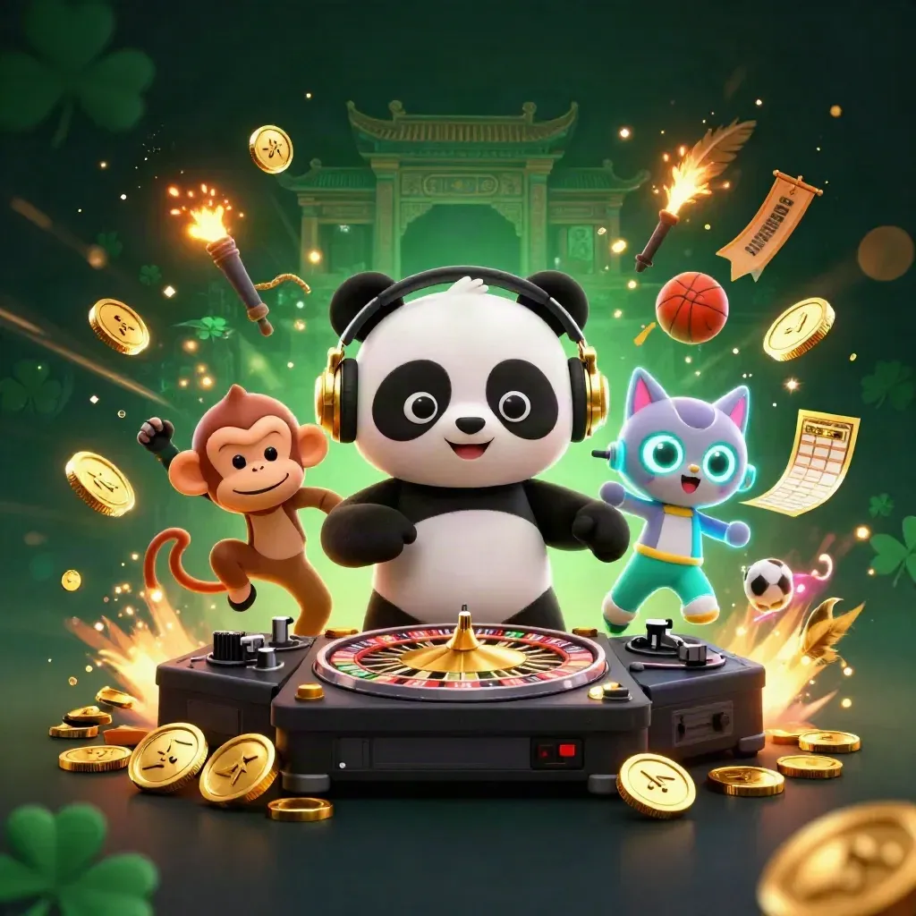 DJ panda, breakdancing monkey, and rave kitten amid coins, fireworks, and casino glow.