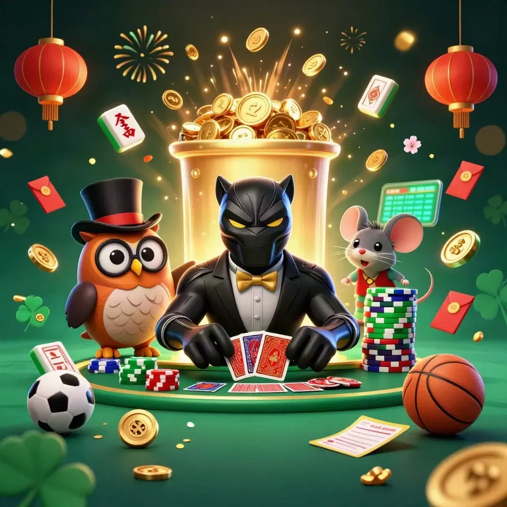 Panther, owl, and mouse amid coins, fireworks, lanterns, and casino treasures in a luxe dark glow.