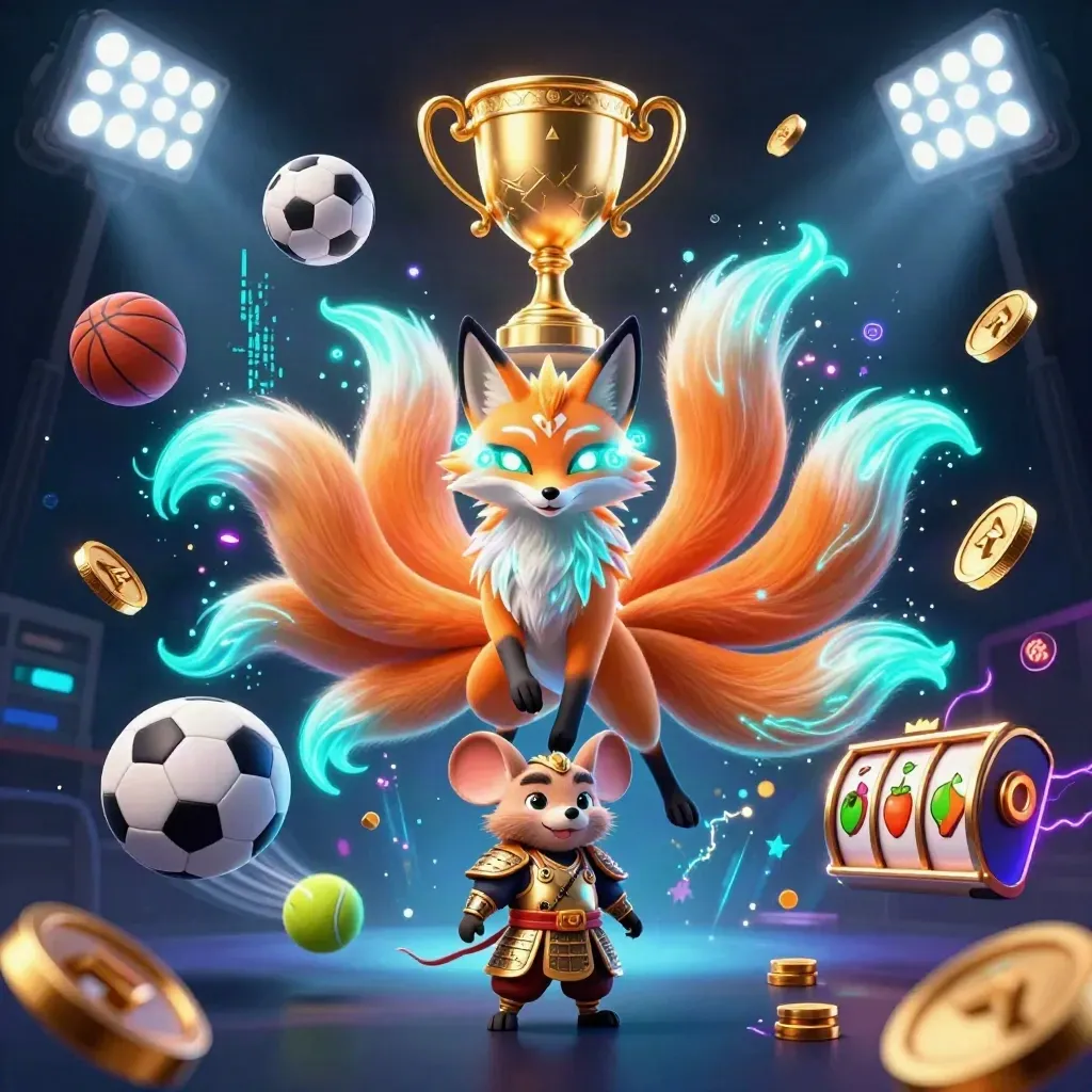 Nine-tailed fox spirit and armored mouse amid casino icons, balls, coins, and neon energy