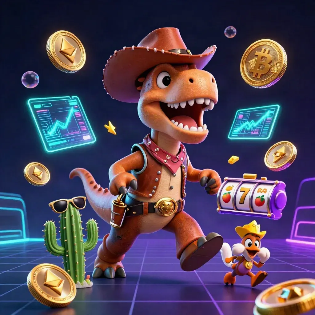 Cowboy T-Rex, cactus sidekick, and sheriff roadrunner amid casino coins, slots, and neon grid.