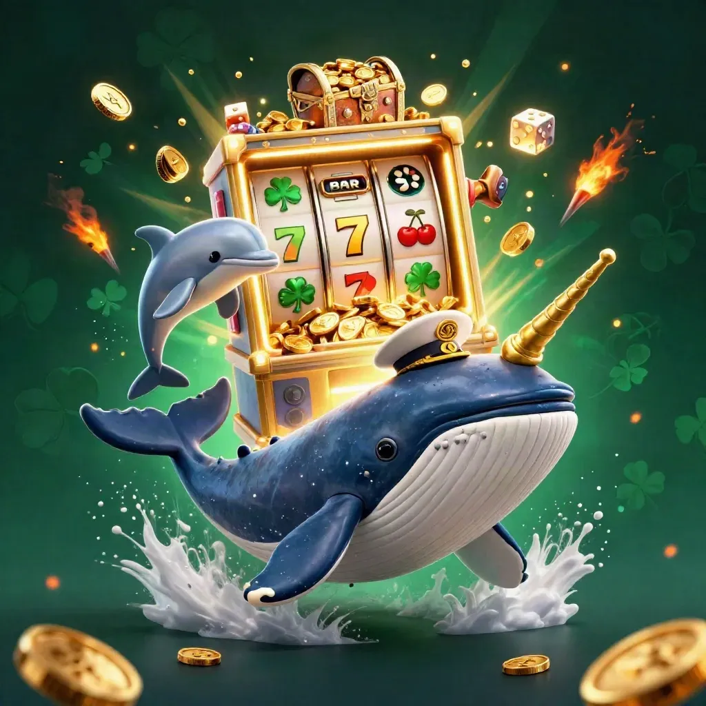 Captain whale, narwhal and chip-trick dolphins burst from coins around a jackpot slot machine.