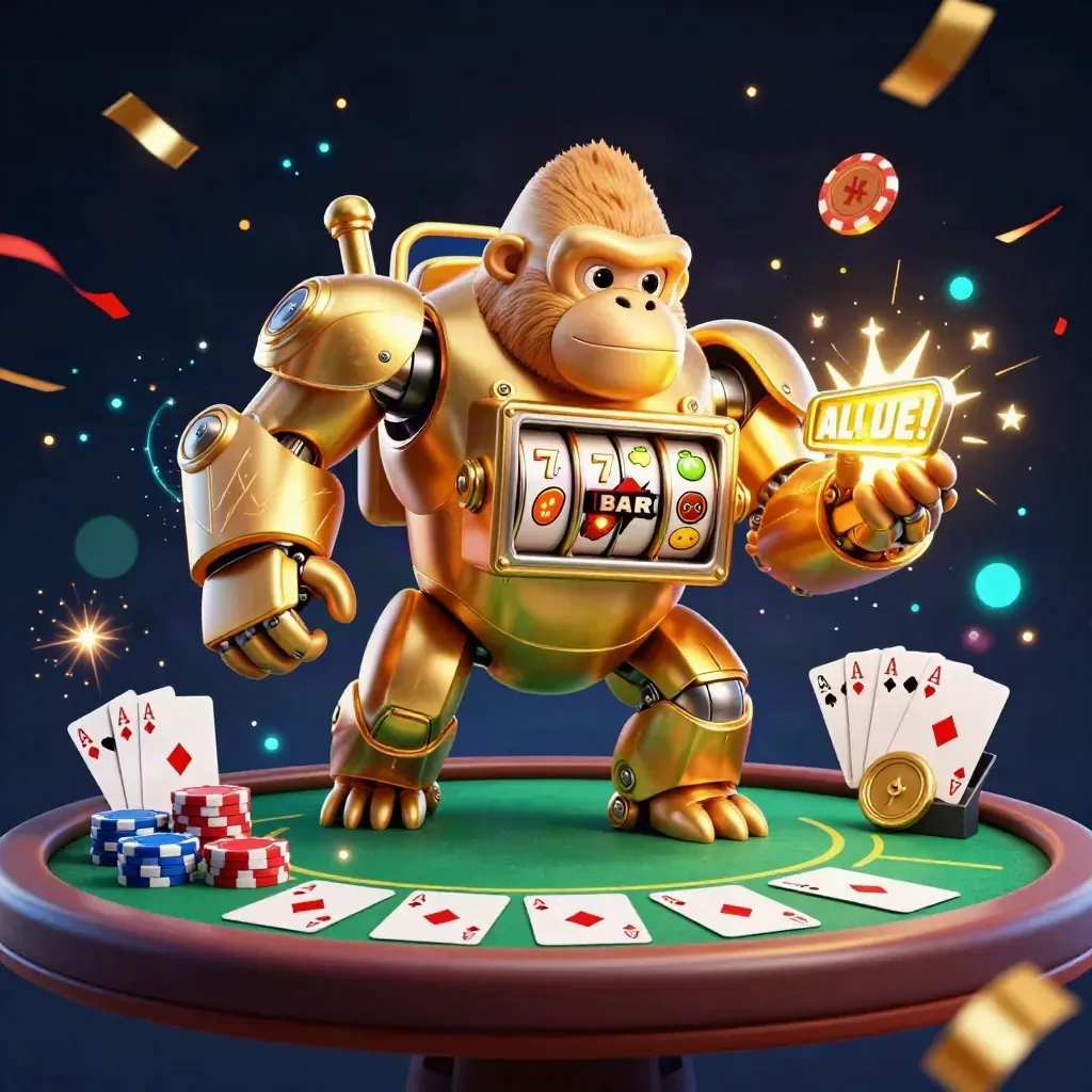 Golden gorilla mech with tiny monkey pilot amid reels, cards, chips, sparks and teal glow.