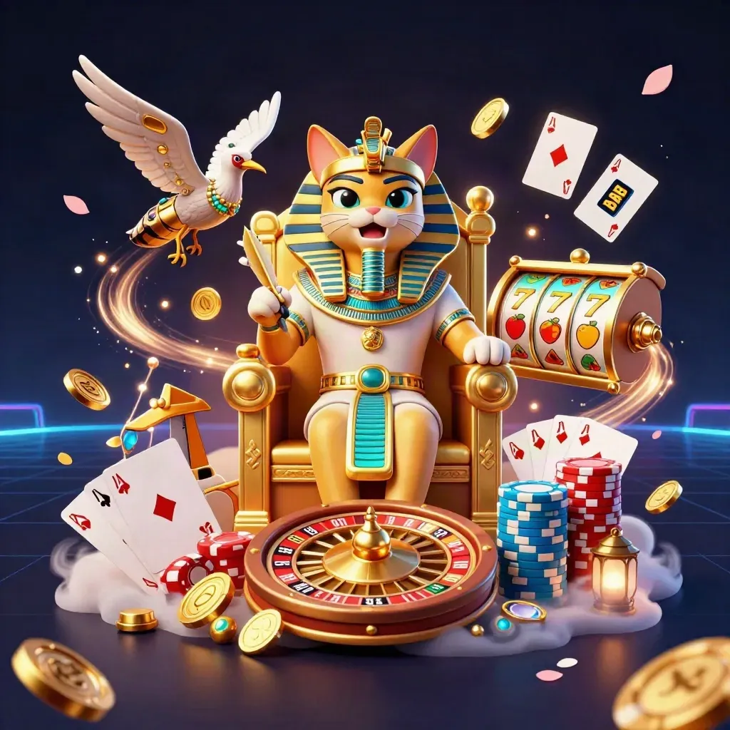 Pharaoh cat on a golden throne with scribe, scarabs, coins, cards, and casino reels