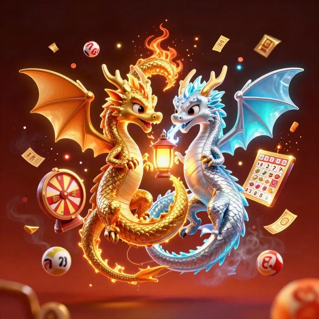 Twin gold and silver dragons spiral in fire-and-ice yin-yang with casino loot and ember glow